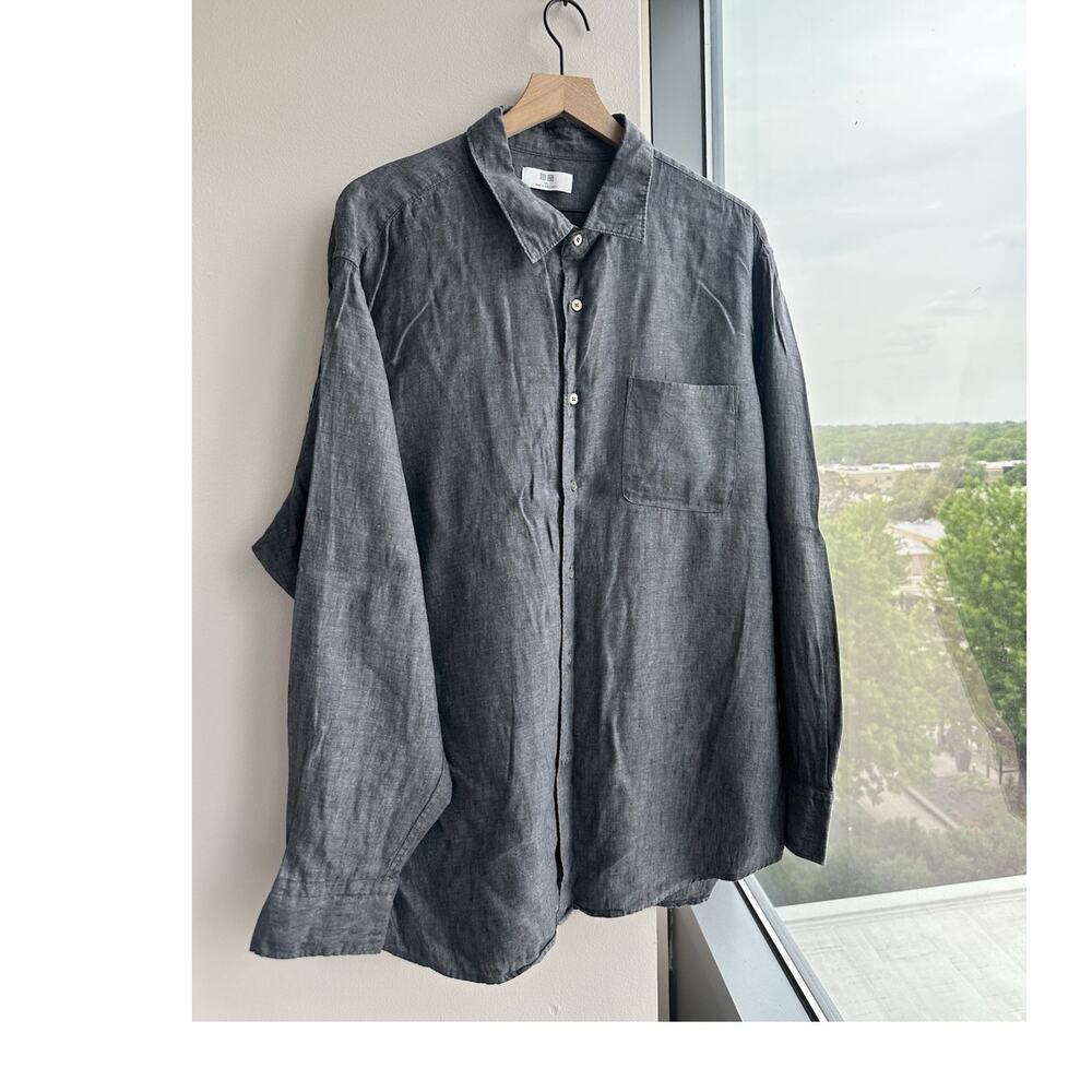 UNIQLO Linen Gray Solid Button Up Long Sleeve Shirt w/ Pockets Men’s 3XL